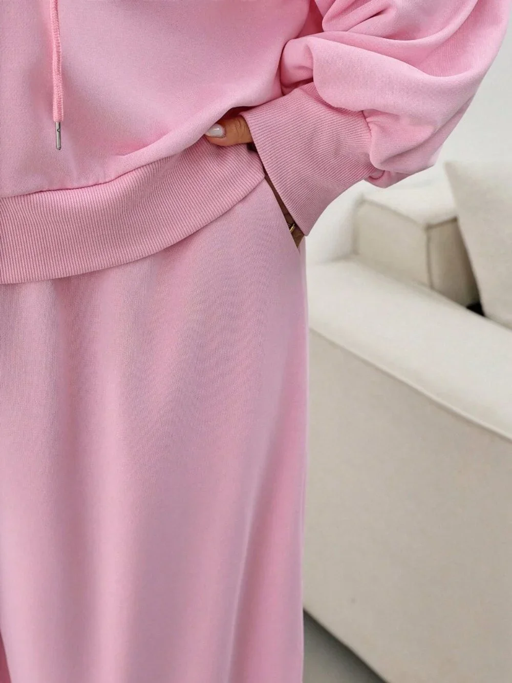 Pink Casual Women's Loose Hooded Zip-Up Drawstring Pocket Cropped Sweatpants Set